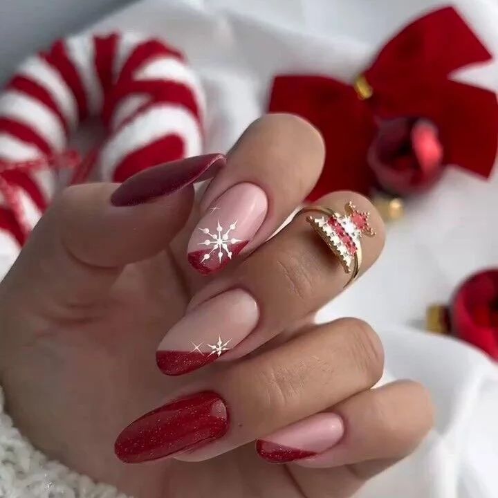 Nude Glitter French Snowflake Oval Nails Nude Glitter French Snowflake Oval Nails β Christmas Nails 2026
