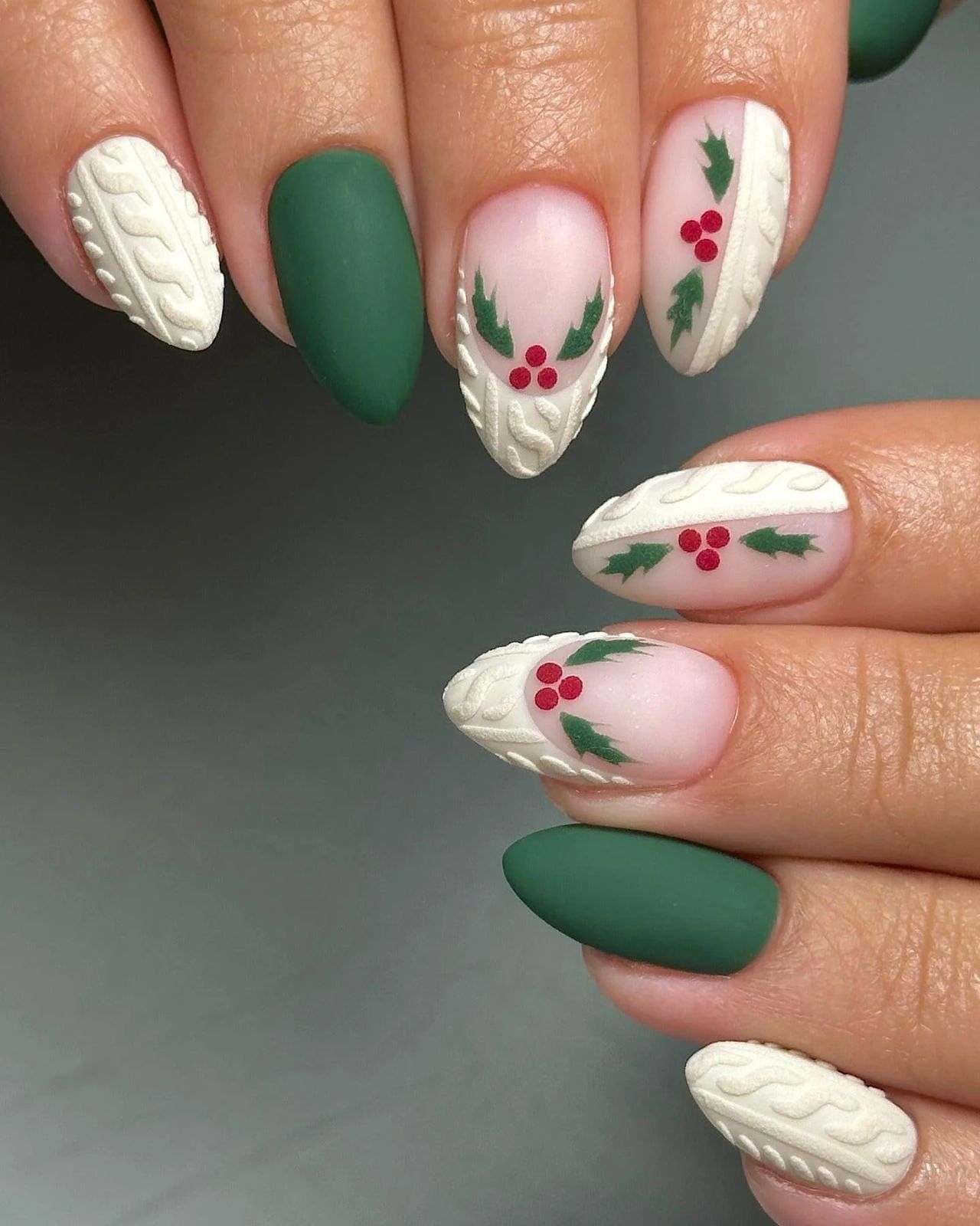 Matte Cable Knit Holly Almonds Matte Cable Knit Holly Almonds β Christmas Nails 2026