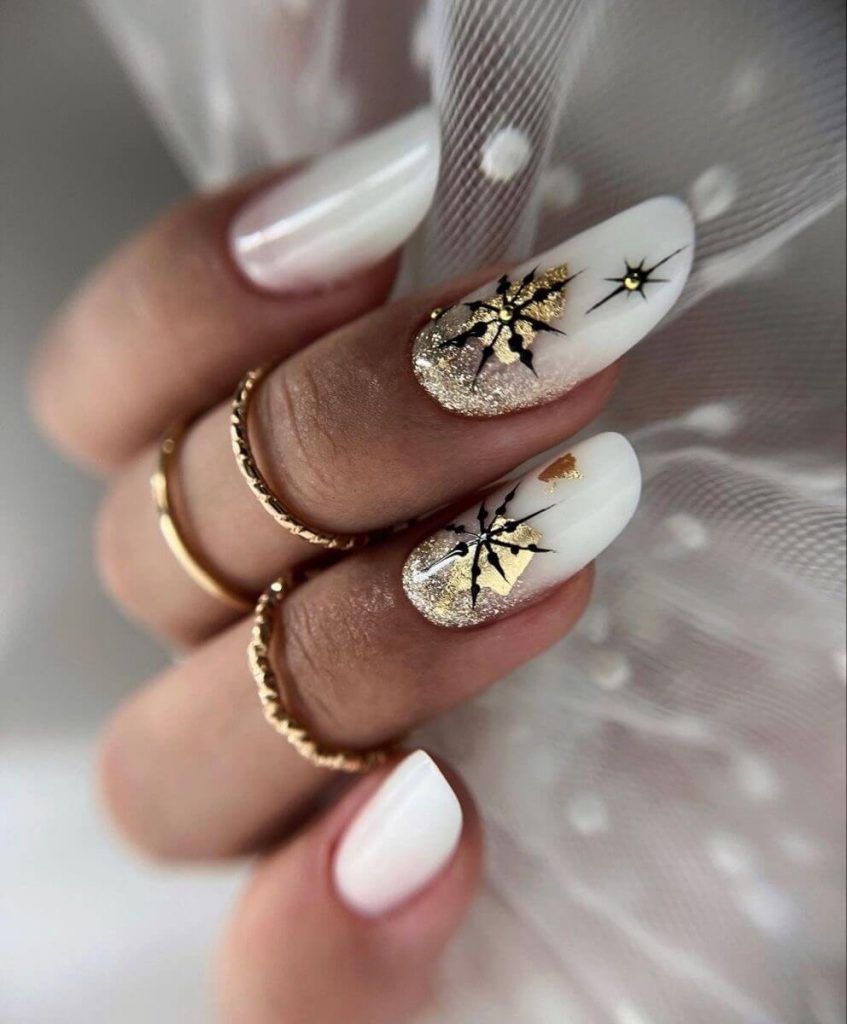 Nude Gradient Gold Snowflake Almonds Nude Gradient Gold Snowflake Almonds β Christmas Nails 2026