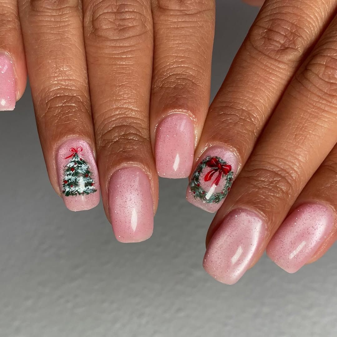 Glittery Pink Christmas Tree Wreath Nails Glittery Pink Christmas Tree Wreath Nails β Christmas Nails 2026