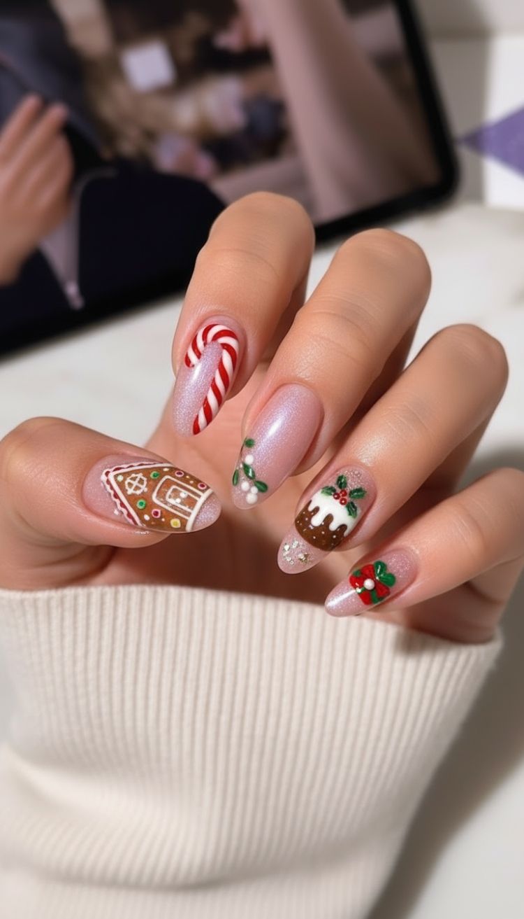 Tiny Christmas Icons On Short Almonds Tiny Christmas Icons On Short Almonds β Christmas Nail Art 2026