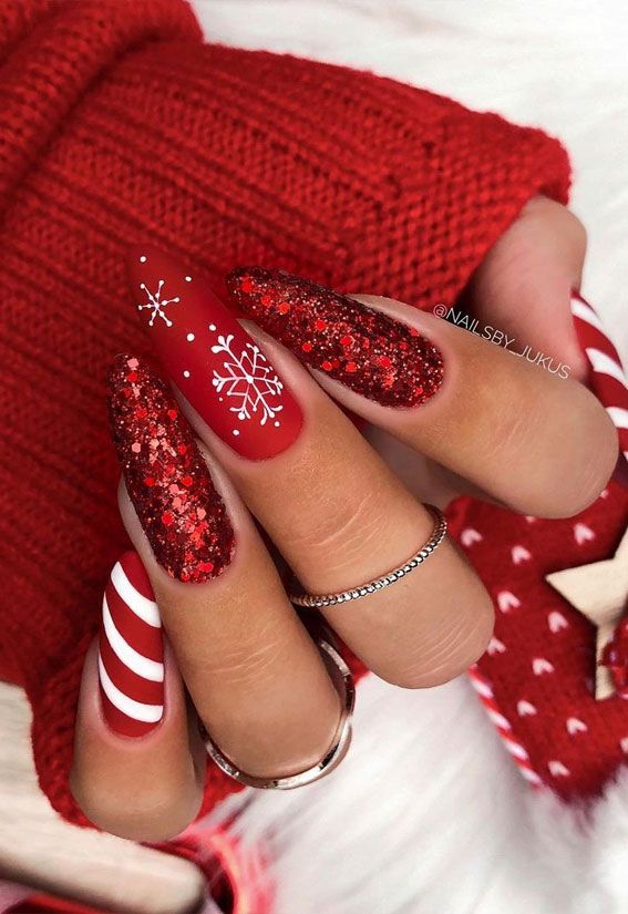 Red Glitter Matte Snowflakes And Stripes Red Glitter Matte Snowflakes And Stripes β Christmas Nail Art 2026