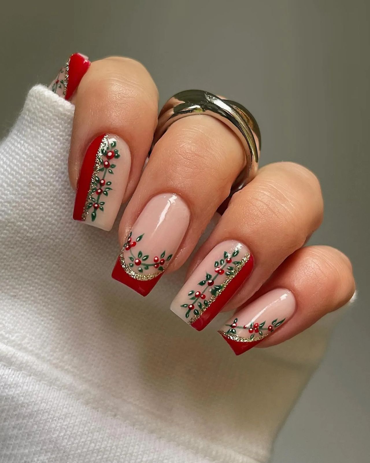 Nude French With Holly Accents Nude French With Holly Accents β Christmas Nail Art 2026