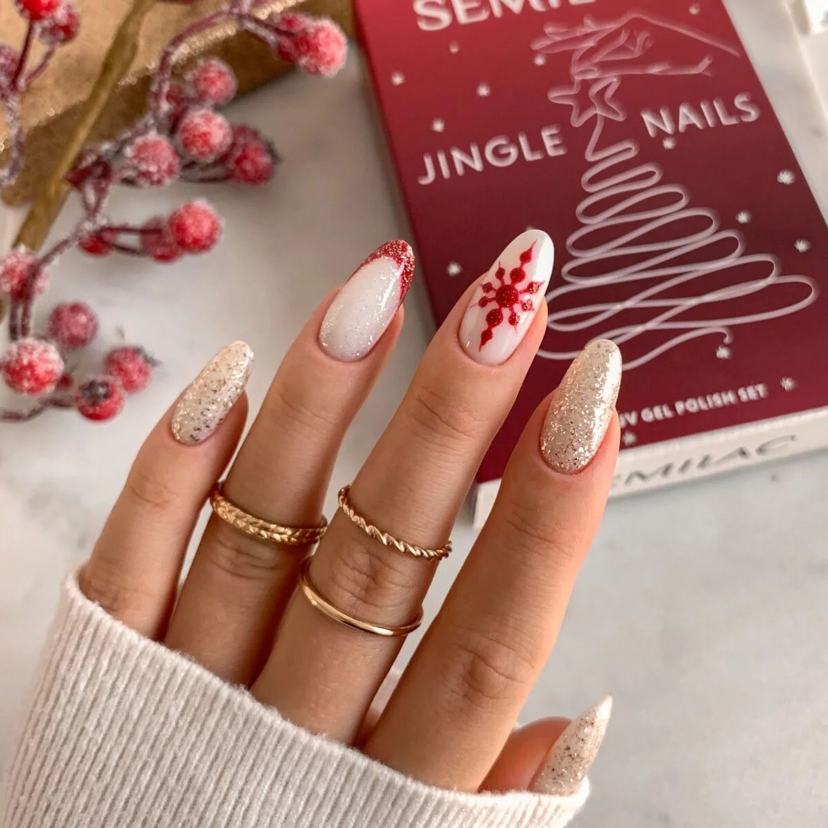 Red White Gold Glitter Nude Base Visual Idea — Christmas Almond Nails 2026