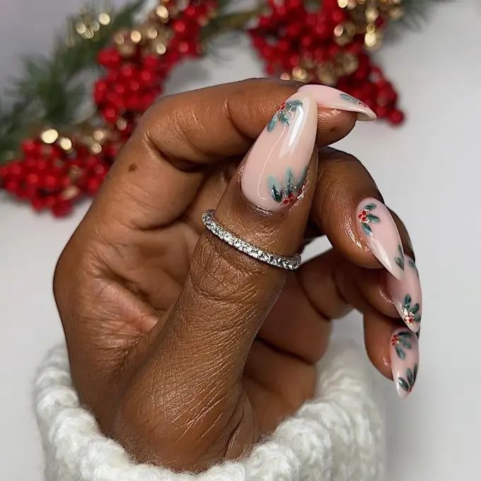 Holly Berry And Leaf Motif Visual Idea — Christmas Almond Nails 2026