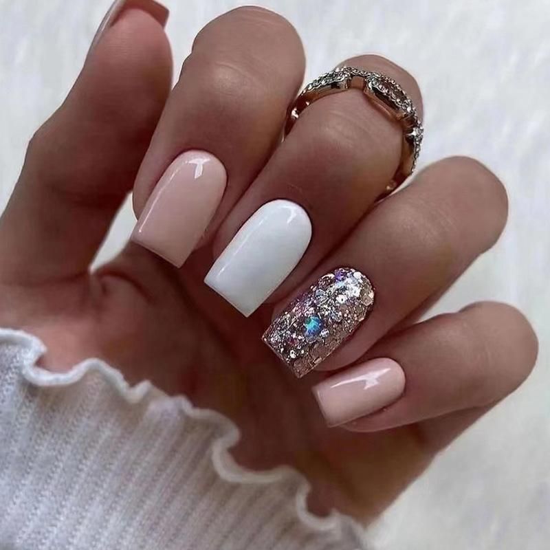 Soft Pink Glitter & Gem Accent Nails — Christmas Square Nails 2026
