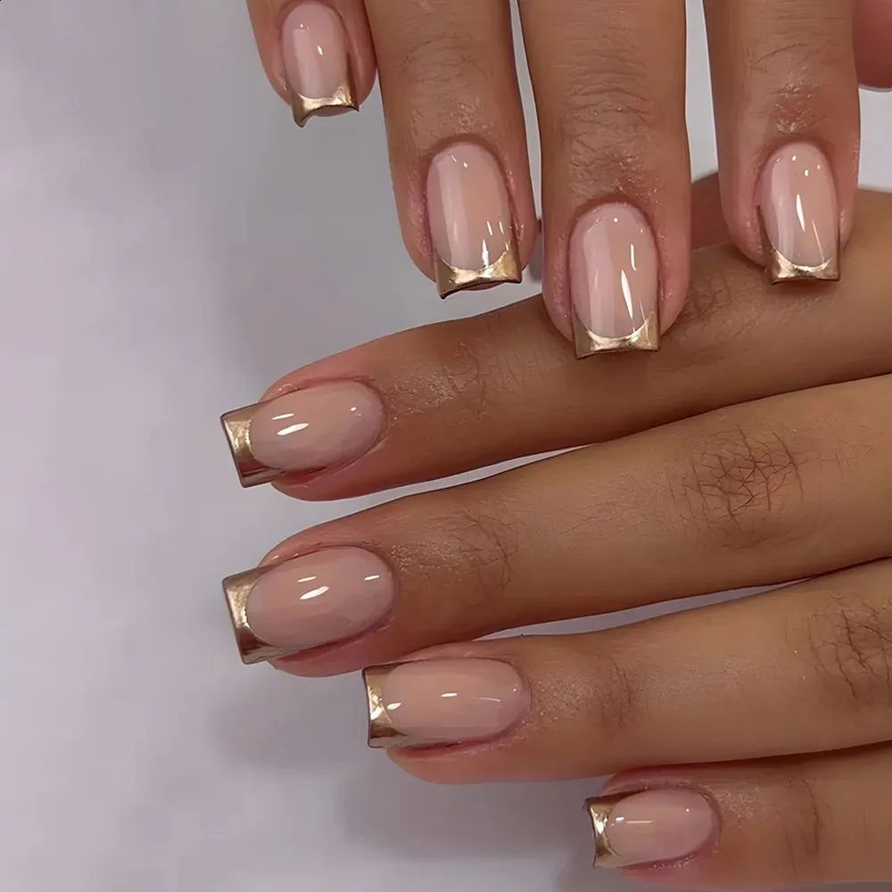Nude & Metallic Gold French Tip Square Nails — Christmas Square Nails 2026
