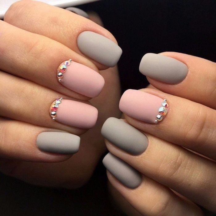 Matte Grey & Pink Rhinestone Cuticle Nails — Christmas Square Nails 2026