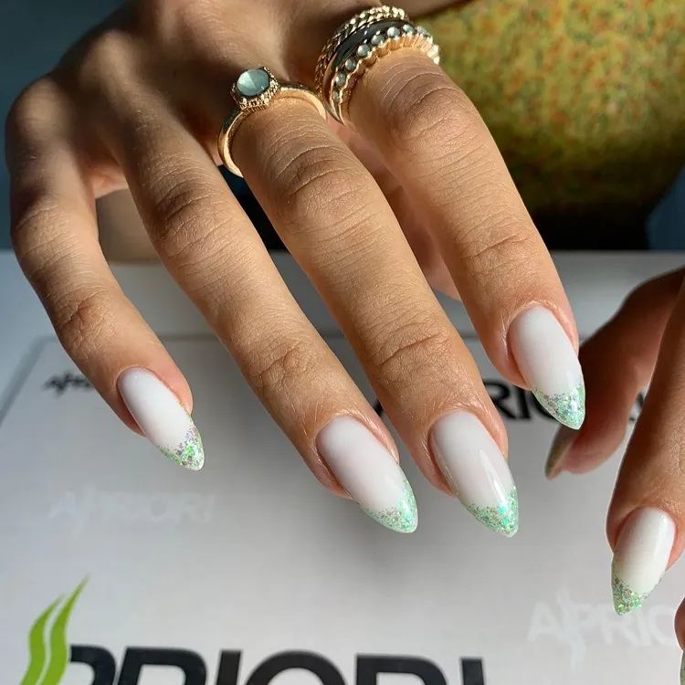 Milky White with Pale Green Glitter French Tips — Easy New Years Nails 2027