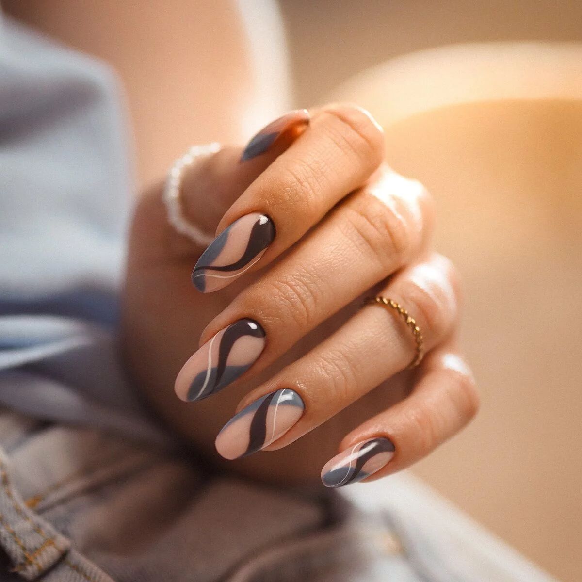 Nude Base with Abstract Wavy Lines — Easy New Years Nails 2027