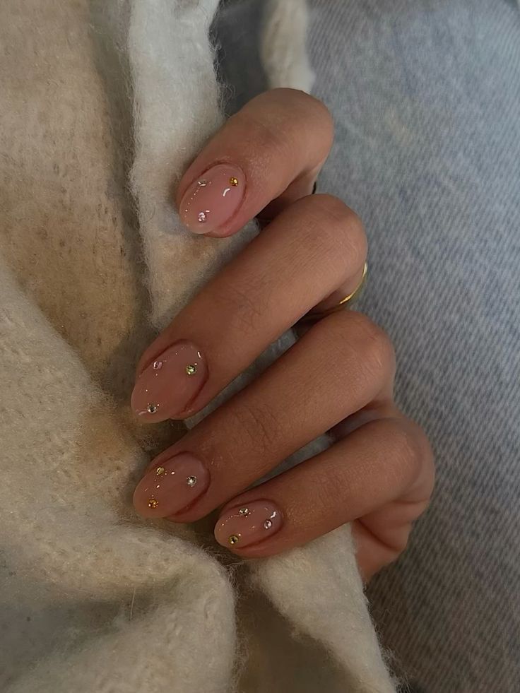 Short Oval with Scattered Rhinestones and Studs — Easy New Years Nails 2027