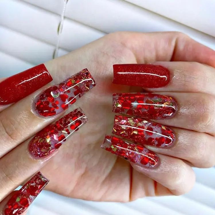 Long Square Red Glitter and Clear Heart Glitter Nails — New Years Gel Nails 2027