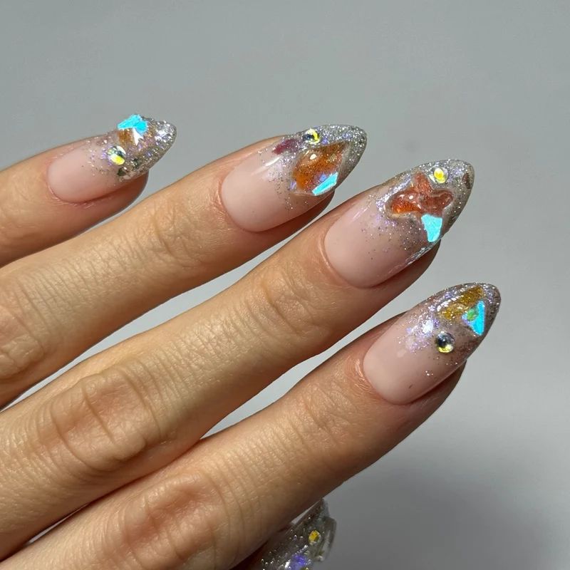 New Year S Eve Party Sheer Pink French Tips with Silver Glitter and Flakes — New Years Gel Nails 2027