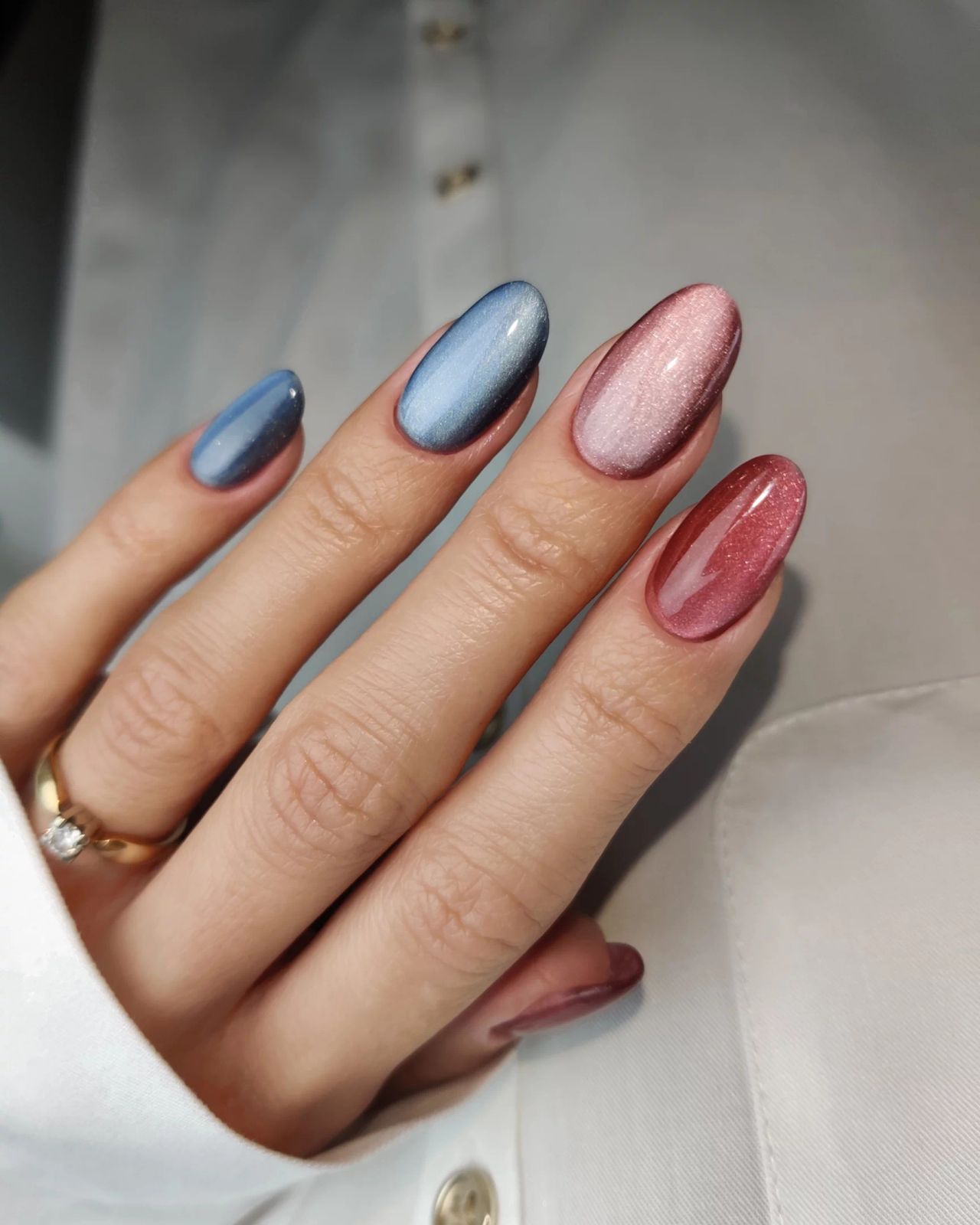 Blue Pink Red Cat-Eye Medium Oval Nails — New Years Gel Nails 2027