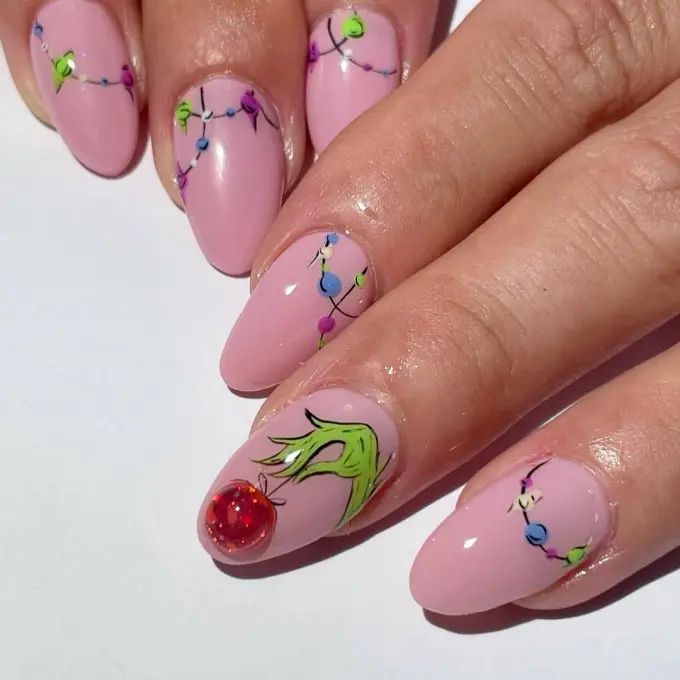 Pale Pink with String Lights and 3D Grinch Ornament — New Years Gel Nails 2027